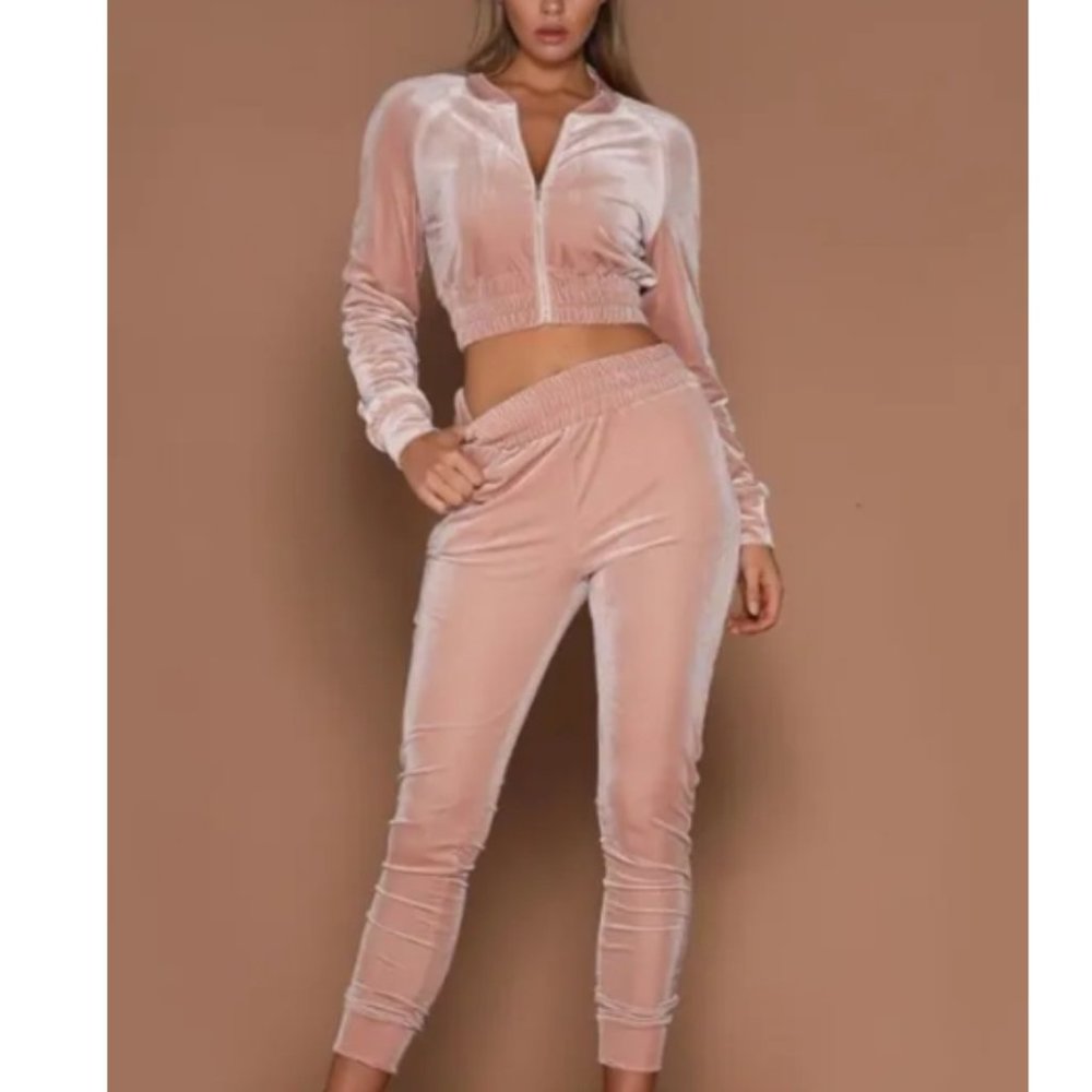 NWT Pink Soft Velour Long Sleeve Cropped Top & Pants Rose’ Sweatsuit